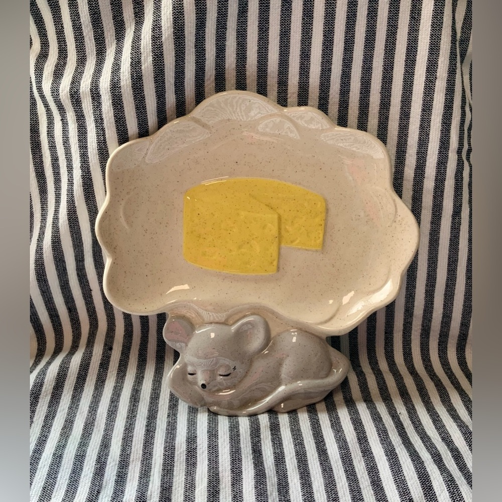 Vintage Cheese Platter With Mouse Dreaming Handpainted Serving Tray Mini Plate